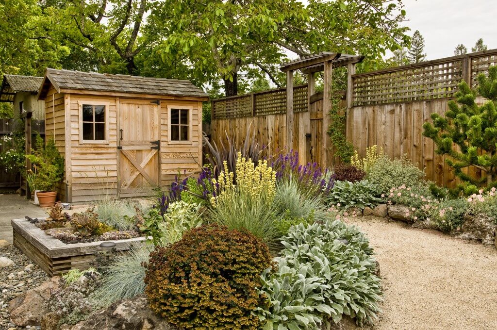 Wooden garden shed with windows